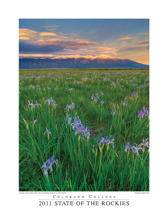 Sunset light on the Blanca Peak Massif as seen from wild iris filled meadow on the Medano Ranch, CO