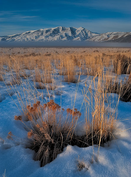 Early morning light illuminates the Ruby Mountains on a cold Winter morning