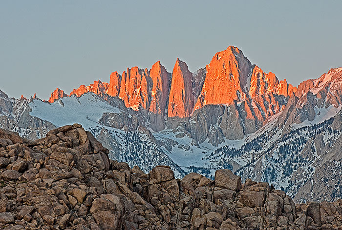 Sunrise lights up the East Face of Mt. Whiney, the highest peak in the Sierra Nevada Range, California