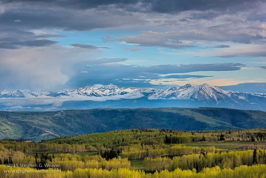 Spring view of Mt Sopris and Capitol Peak from the White River Plateau, Colorado