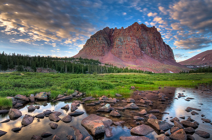 Red Castle Peak reflects in Redcastle Lake at dawn, Uinta Mountains, Utah